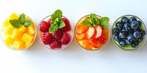Naklejka premium Photo Four Fruit Desserts Mango Raspberry Strawberry Blueberry Mint