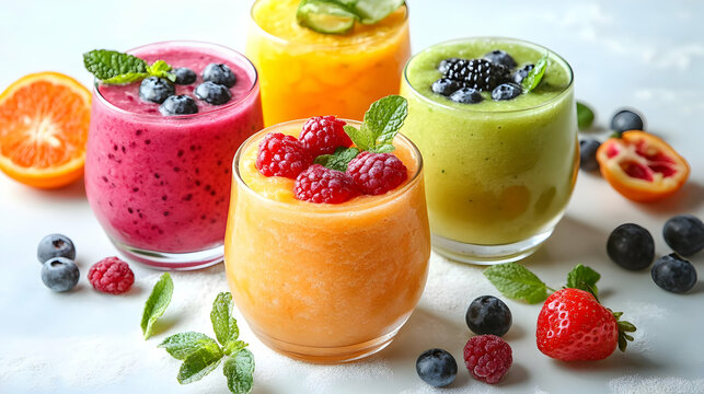 Photo Assorted Fruit Smoothies with Berries and Mint