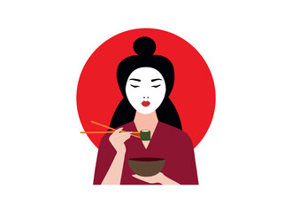 Elegant Japanese Woman Eating Sushi - Minimalist Red and White Illustration
