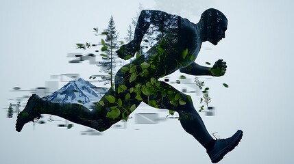 Dynamic Athlete in Motion Running Along a Mountain Trail Surrounded by Nature, Capturing the Spirit of Adventure and Freedom in the Great Outdoors