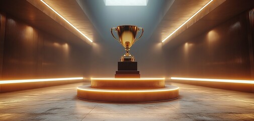Golden Trophy on Pedestal Surrounded by Dramatic Lighting in Modern Hallway, Symbolizing Achievement, Success, and Victory in a Competitive Environment