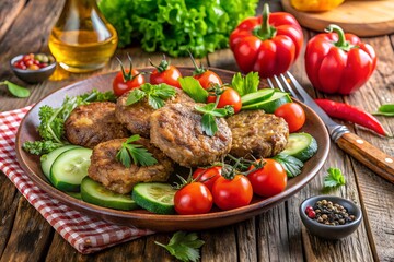 Homemade juicy delicious meat cutlets in plate close-up, meatballs from minced meat on rustic wooden table