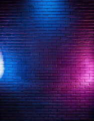 Vibrant blue and purple neon lights illuminate a brick wall, creating a dramatic and stylish backdrop.