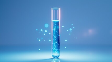 Futuristic Test Tube with Glowing Blue Liquid and Sparkling Particles Against a Soft Blue Background for Science and Technology Concepts
