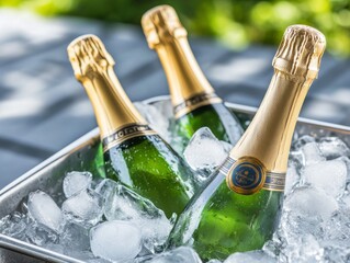 Chilled bottles of sparkling wine in an ice bucket at a sunny outdoor gathering on a warm afternoon