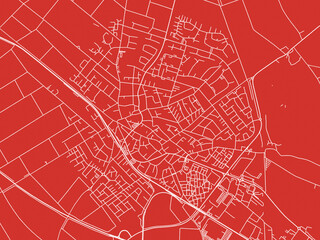 Christmas Map of Pulheim, Germany in Snowy White on Festive Red Background.