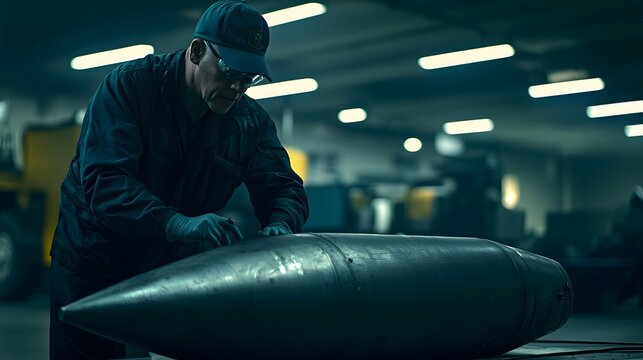 A technician inspecting an ICBM warhead in a secure facility. 