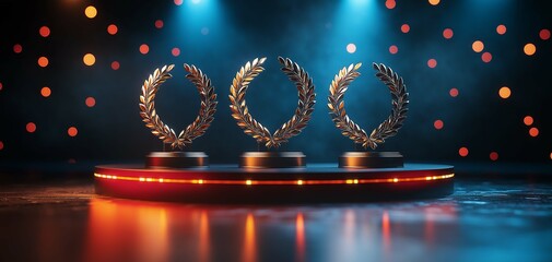 Elegant golden laurel wreath trophies displayed on a podium under dramatic lighting, symbolizing achievement, success, and excellence in a celebratory atmosphere
