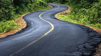 Obraz premium Rural road with patched asphalt and overgrown edges, showing signs of neglect, rural road, worn infrastructure
