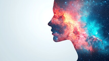 Ethereal Double Exposure Composition of Abstract Cosmic Elements Merging with a Silhouette of a Human Profile for Artistic and Creative Visual Applications