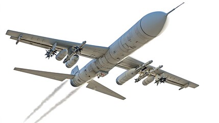 ICBM in mid-flight with contrails in the background, isolated on white. 