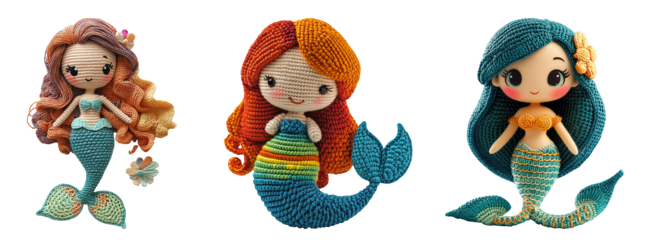 Colorful Crochet Mermaid Dolls on Transparent Background