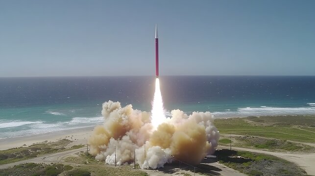 ICBM lifting off with a dramatic plume of smoke and fire. 