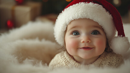 Indian baby in Santa hat, Merry Christmas and Happy New Year, banner