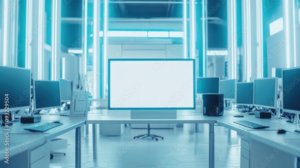 Poster Modern Computer Lab With Blank Screen Display