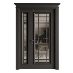 A black door with a glass window on the left side