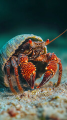 Macro shot of a hermit crab with its shell in bright underwater lighting