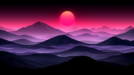 Ethereal Landscape of Rolling Hills Under a Vibrant Pink Sun with Gradients of Purple and Black, Evoking a Dreamlike Atmosphere for Creative Projects