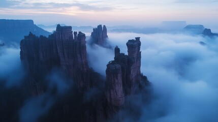 Majestic Rock Formations Rising Above Misty Clouds at Dawn, Capturing the Beauty of Nature's Splendor and Serenity in an Enchanting Landscape