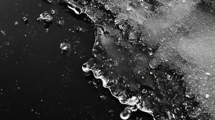 Close-Up of Water Droplets and Bubbles on a Dark Surface, Capturing the Intricate Patterns and Reflections in a Stunning Monochromatic Style