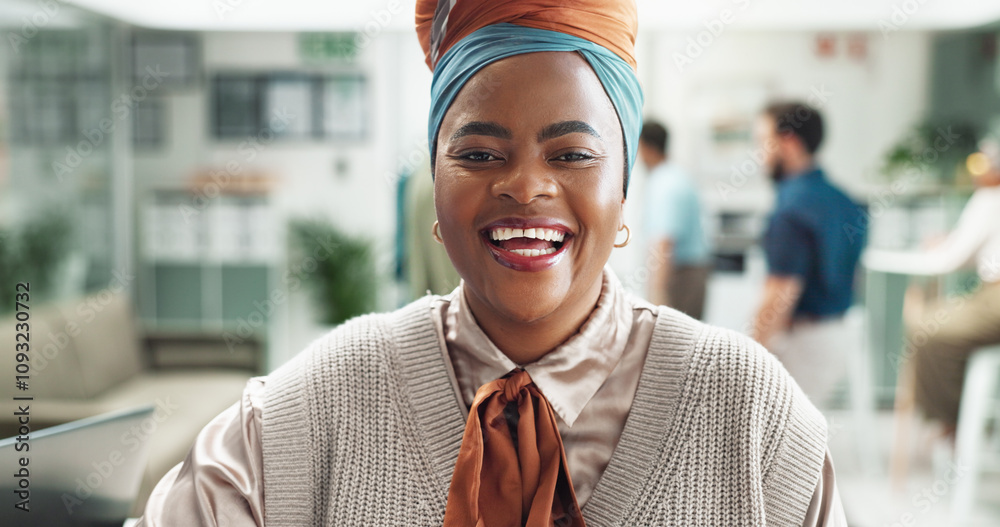 Wall mural Laugh, portrait and business woman, receptionist and secretary coworking in startup office. Face, happy entrepreneur and confident professional worker or employee at enterprise for job opportunity