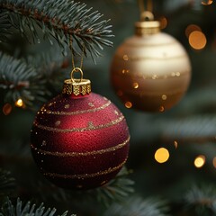 Close-up of Elegant Christmas Ornaments Hanging on a Pine Tree, Features Red and Gold Decorative Balls with Glittering Lines and Blurred Bokeh Lights in the Background