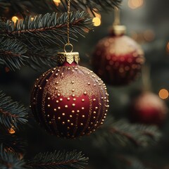 Close-Up of Elegant Red Christmas Ornament with Gold Details Hanging on a Green Pine Tree Branch Surrounded by Blurred Soft Lights and Warm Holiday Vibes