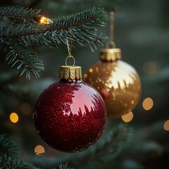 Decorative Christmas Ornaments Hanging on Pine Tree Branches Surrounded by Soft Warm Lights Creating a Festive Holiday Atmosphere