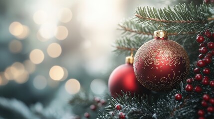 Elegant Christmas Ornaments on Evergreen Branches Surrounded by Soft Glowing Lights Creating a Festive and Warm Ambiance for the Holiday Season