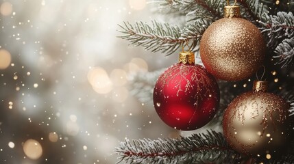 Festive Christmas Ornaments Hanging on Evergreen Tree Branches with Snowfall Background, Creating a Joyful Holiday Atmosphere for Celebrations
