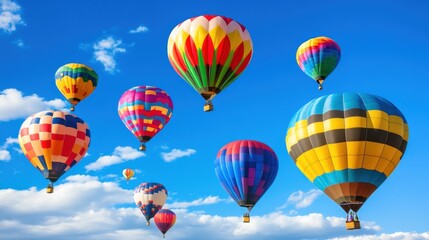 Obraz premium Colorful Hot Air Balloons Soaring Through a Vivid Blue Sky