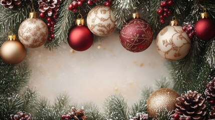 Elegant Christmas Ornament Decoration with Pine Branches, Red and Gold Baubles, and Snowy Background for Holiday Celebrations and Festive Imagery