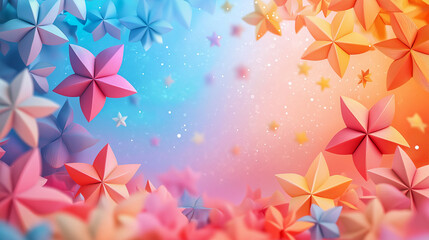 Bright decorative background with multicolored six-pointed paper stars, empty space in the center