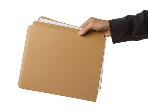 Hand holding manila file folders isolated on transparent or white background, png