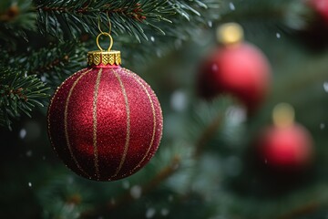 Close-Up View of a Shiny Red Christmas Ornament Hanging from a Green Pine Tree Branch with Soft Snowfall Background for Festive Holiday Themes