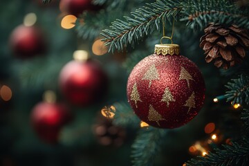 Festive Red Christmas Ornament with Gold Trees Hanging on a Pine Tree Branch Surrounded by Glowing Lights and Pine Cones for Holiday Celebrations
