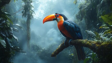 Tropical toucan perched in lush jungle nature photography close-up