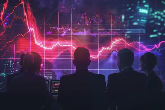 Business professionals analyzing data trends displayed on a screen with graphs during a meeting. A group of executives watching an inflation chart grow . - Powered by Adobe