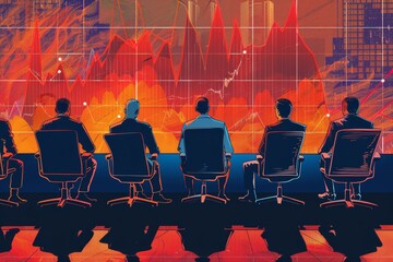 Business professionals analyzing data trends displayed on a screen with graphs during a meeting. A group of executives watching an inflation chart grow .