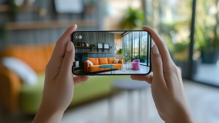 Hands holding a Smartphone and take a picture of modern livingroom. Interior designer work with mobile