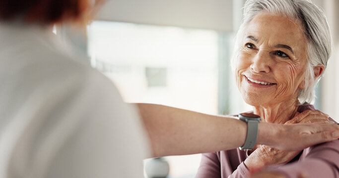 Physiotherapy, smile and healthcare with old woman and shoulder pain for helping, medical and arthritis. Physical therapy, wellness and rehabilitation with senior patient and doctor for support