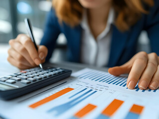 Photo Businesswoman Analyzing Financial Chart Data Calculator