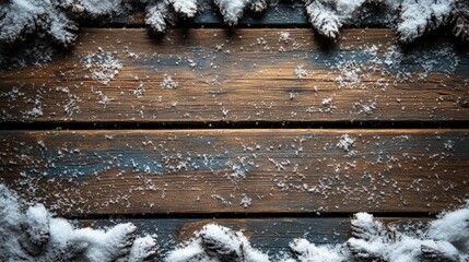 Snowy Winter Scene on Wooden Surface with Frosty Accents Ideal for Seasonal Themes and Holiday Decorations