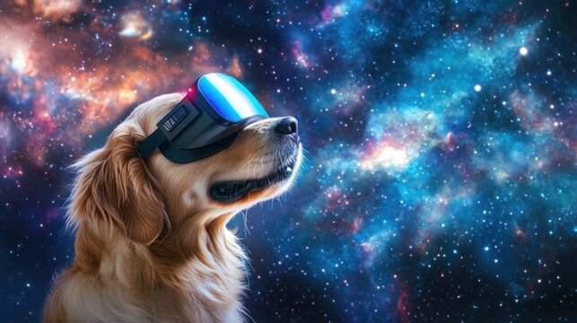 A dog wearing virtual reality goggles against a cosmic background.