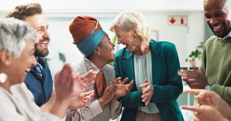 Business people, teamwork and applause with achievement, funny and congratulations. Employees, happy coworkers and group in modern office, clapping and success with collaboration, smile and laughing