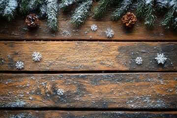 Peaceful Winter Scene with Snowflakes and Pine Cones on Rustic Wooden Background Evoking a Cozy Holiday Atmosphere and Seasonal Beauty
