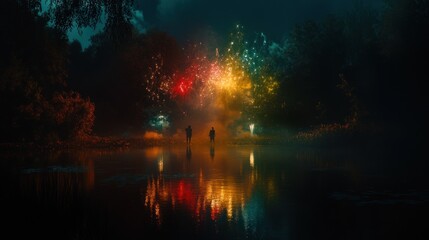 Silhouetted Figures Watching Fireworks Over a Lake