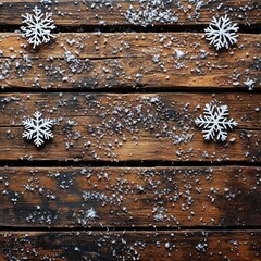 Snowflakes on Wooden Surface with Soft White Powdery Snow, Creating a Cozy Winter Atmosphere in the Warm Glow of Season's Beauty and Tranquility