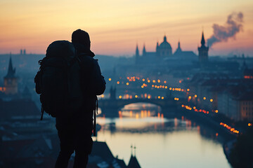 Fototapeta premium A backpacker silhouette against classical cityscape.