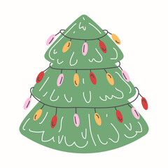 Light green Christmas tree decorated with a whimsical garland with red, yellow, and pink lights. Seasonal festive design for winter holidays projects   